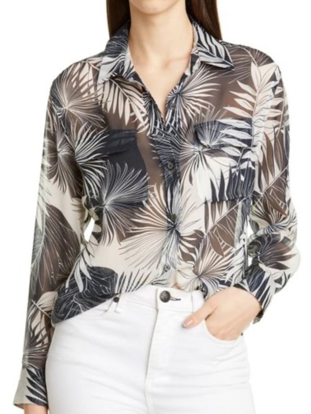 EQUIPMENT Signature Silk Blouse Black White Palm Botanical Shirt Sz Large